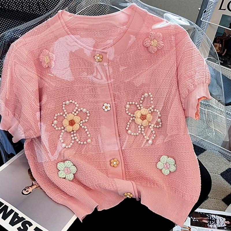 Women's Knits & Tees Summer Sweet Three-dimensional Floral Beaded Knitted Cardigan Women's Short Sleeve Sweater Vintage O Neck Knitwear, White
Women's Knits & Tees Summer Sweet Three-dimensional Floral Beaded Knitted Cardigan Women's Short Sleeve Sweater Vintage O Neck Knitwear, White