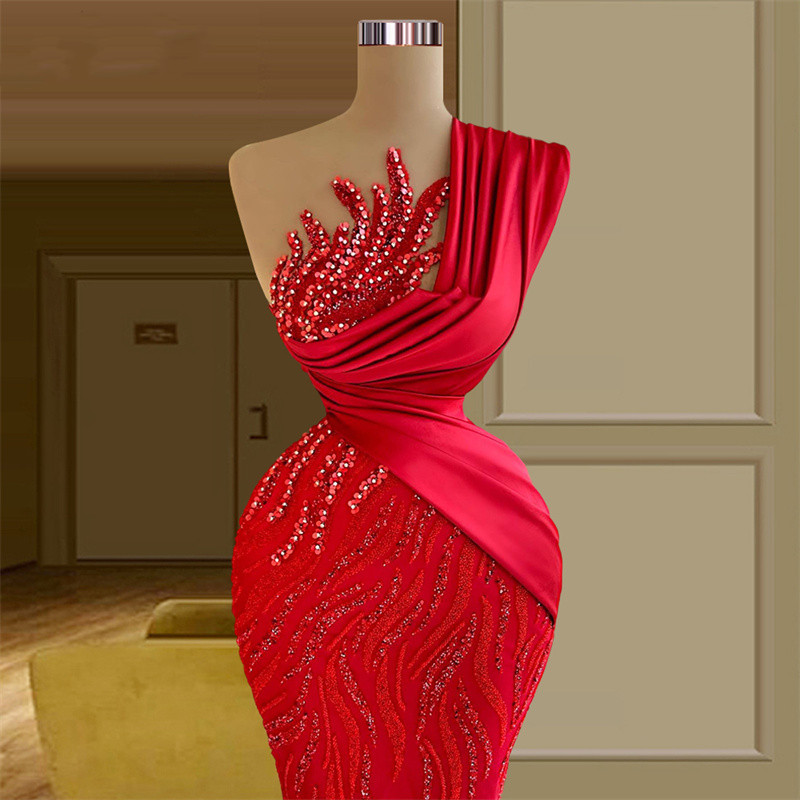 Red Mermaid Prom Dresses Sexy Bateau Neck Sleeveless One Shoulder Sequins Appliques Beads Satin Lace Hollow Floor Length Plus Size Formal Party Gowns 