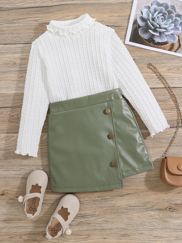 Toddler Girls High Neck Lettuce Trim Tee & PU Skirt SHE