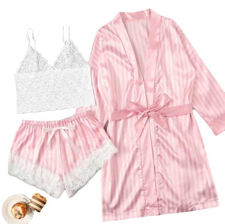 Women's Sleepwear 3 Pcs Lace Erotic Lingerie Sexy Temptation Lace Pamas Bathrobe