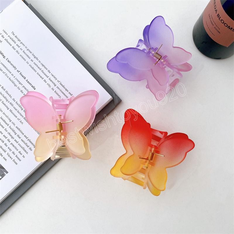 Women Mist Gradient Butterfly Bath Hair Clamps 7 CM Medium Plastic Alloy Animal Hair Clips European Girl Head Wear Ponytail Scrunchies Hairpins Claw A