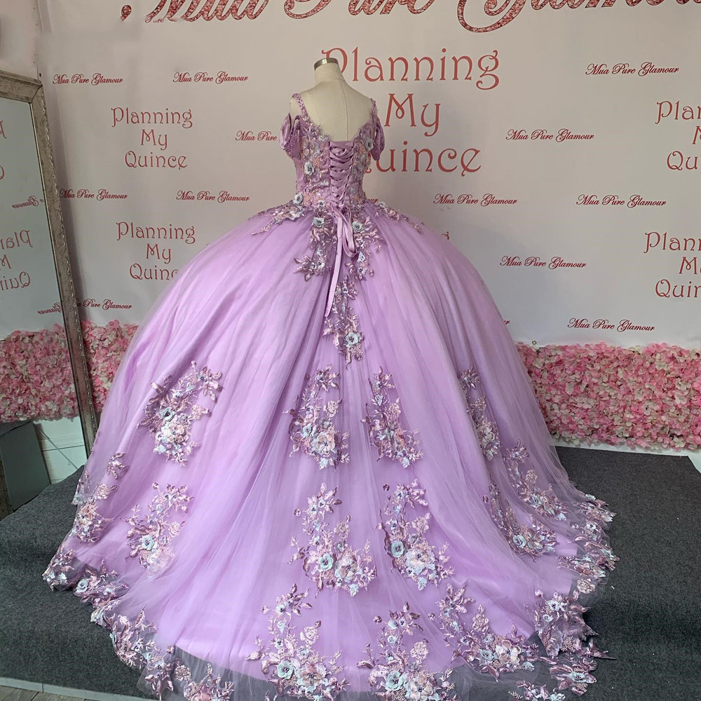 lavender lilac Flowers Quinceanera Dress 2022 Off Shoulder lace-up corsetProm sweet 15 Party for Girl Graduation Wear vestidos de xv anos