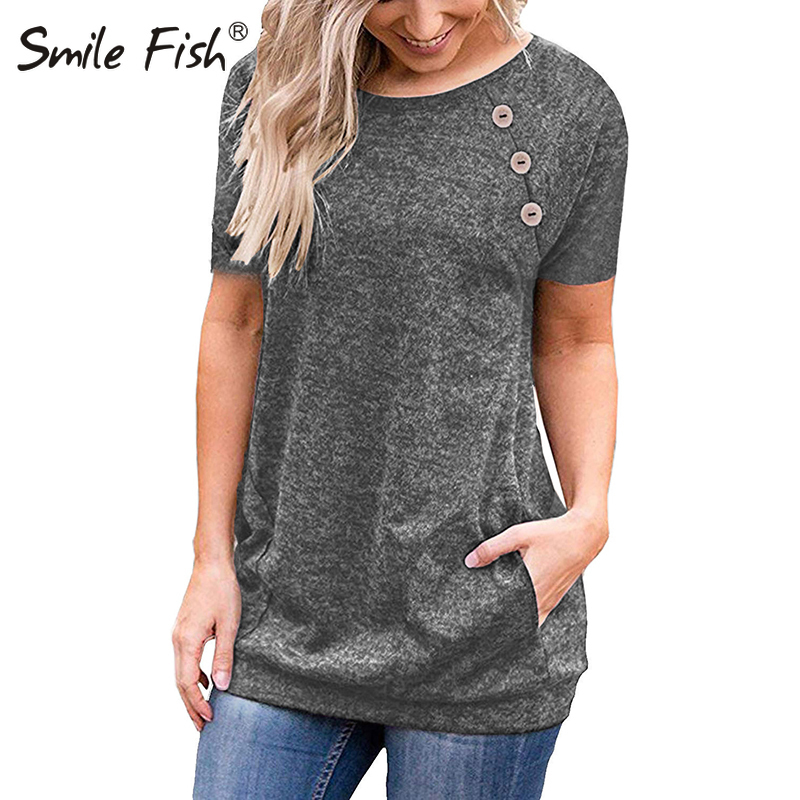 Basic T Shirt Day Winter Autumn Women s O Neck Top Casual Buttons Pocket Bottoming Tee GV579 220728