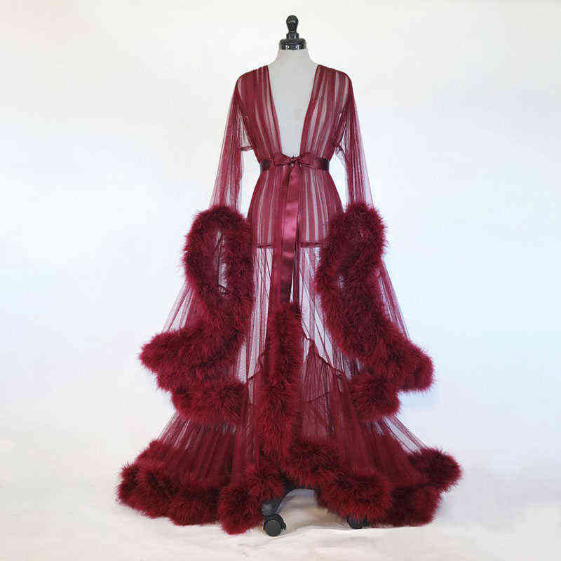 Women's Fashion Medieval Vintage Semitransparent Bridal Gowns Feather Wedding Robe Tulle Fantasy Furry Edge Fairy Outwear Dress L220530
