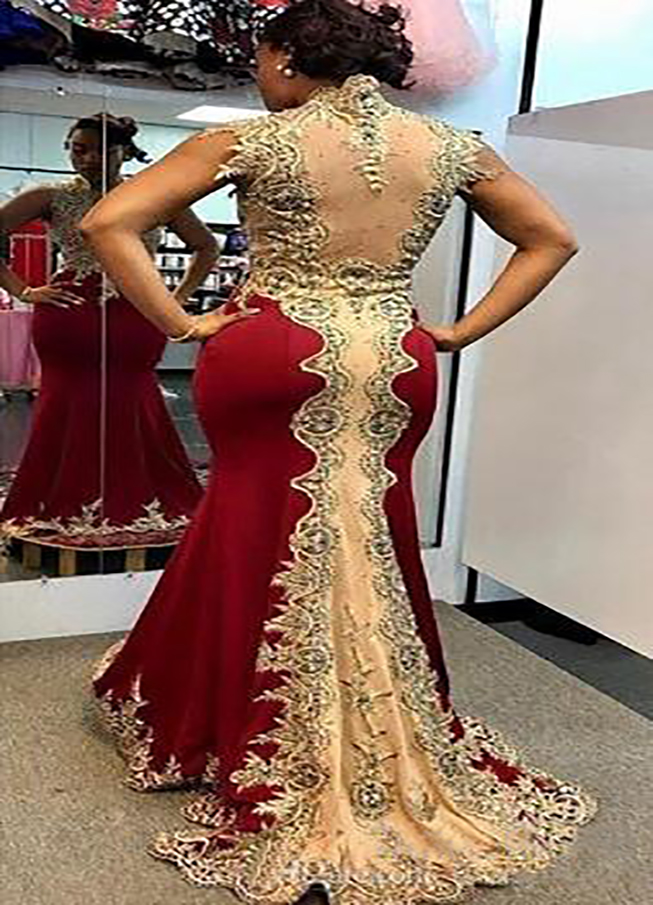 Arabic Style Burgundy and Gold Evening Dresses Sweep Train Cap Sleeve Applique Beaded Mermaid Formal Prom Party Gowns Robe De Soiree