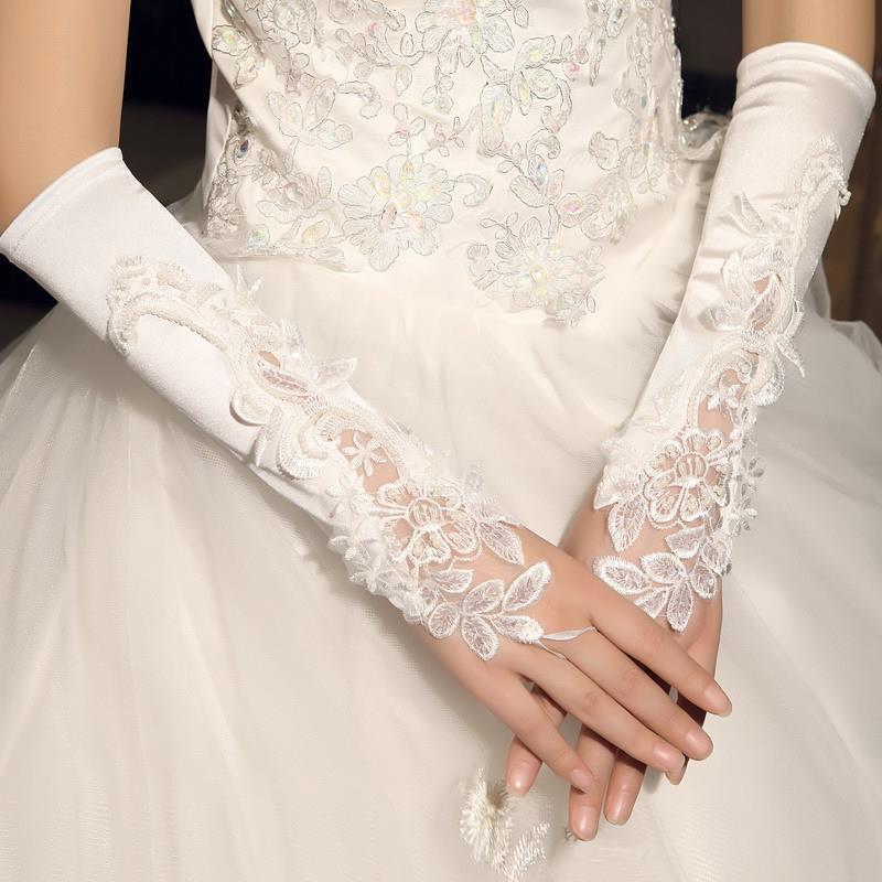 Bridal Gloves Beaded Embroidery Lace Bridal Gloves Elbow Length Pearls Fingerless For Wedding Gloves