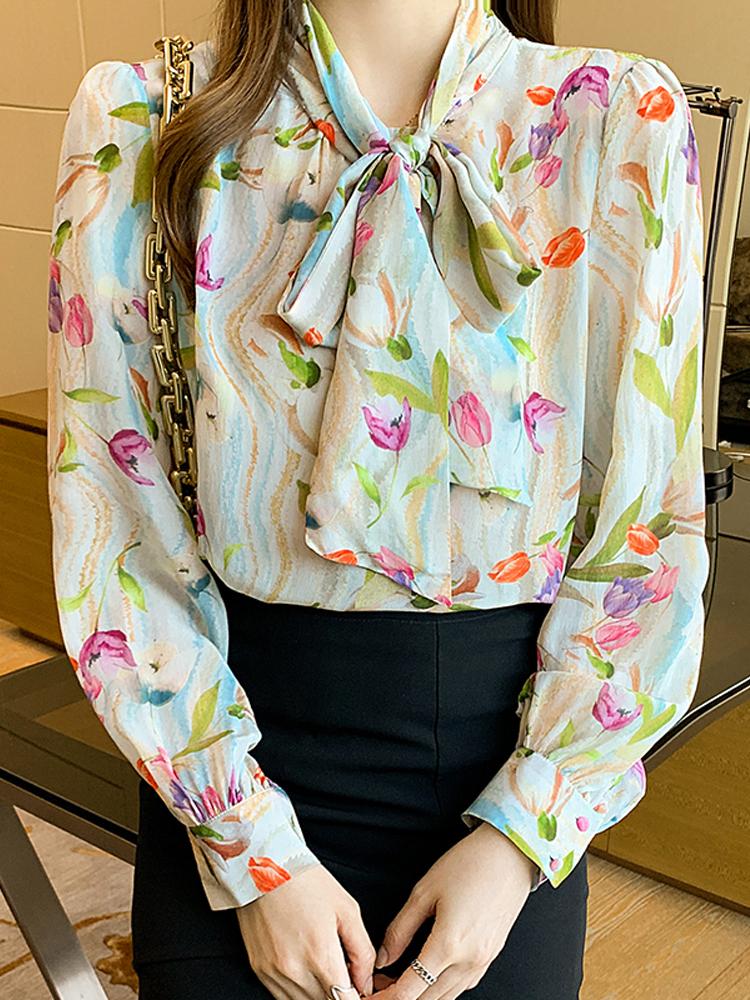 Women' Blouses & Shirts Fresh Tulip Printed Shirt Women Ribbon Collar Loose Pullover Long Sleeve Ladies Blouse Tops Mulberry Silk Clothing, As picture
Women' Blouses & Shirts Fresh Tulip Printed Shirt Women Ribbon Collar Loose Pullover Long Sleeve Ladies Blouse Tops Mulberry Silk Clothing, As picture
