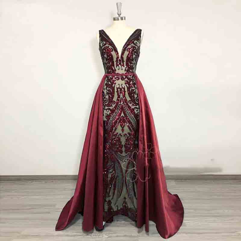 Sparkly Sequin Emerald Green Evening Dress With Detachable Train Arabic Dubai Mermaid Prom Dress 2 in 1 Plus Size V Neck Party African Women Vestidos 