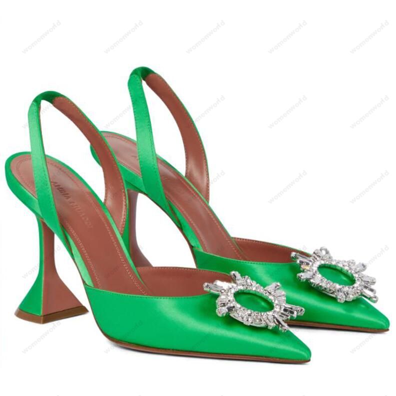 Luxury Designer Amina Muaddi Womens sandals leather sole designer high heels 10cm diamond chain decoration banquet women shoes silk wedding sexy formal slippers