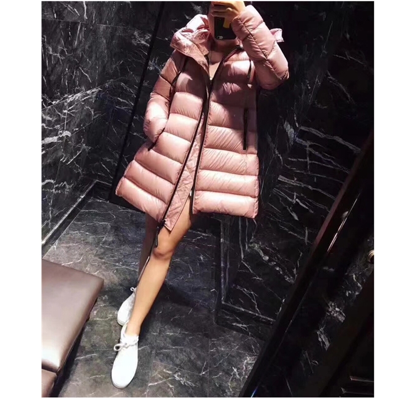 High quality warm sweet style pink coat 90% white duck filling zipper hooded winter down jacket women 201019