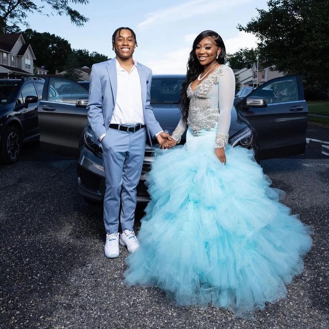 Mint Green Prom Dresses Aso Ebi Mermaid V-Neck Long Sleeves Applique Crystals Ruffles Tulle Plus Size Evening Engagement Second Gowns