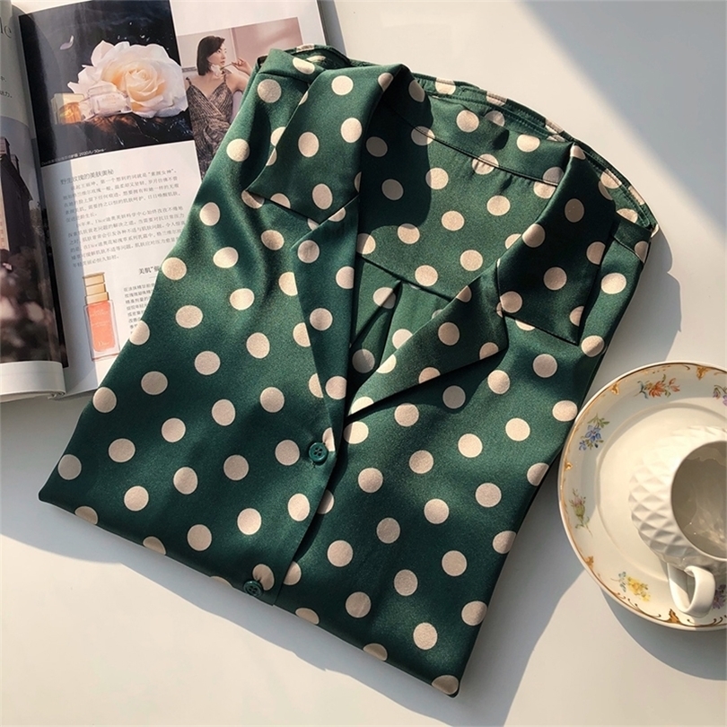 silky silk Silk Shirt Women Blouse Shirt Soft satin 34 sleeve silk shirt French classic retro green wave dots rich colors T200608
