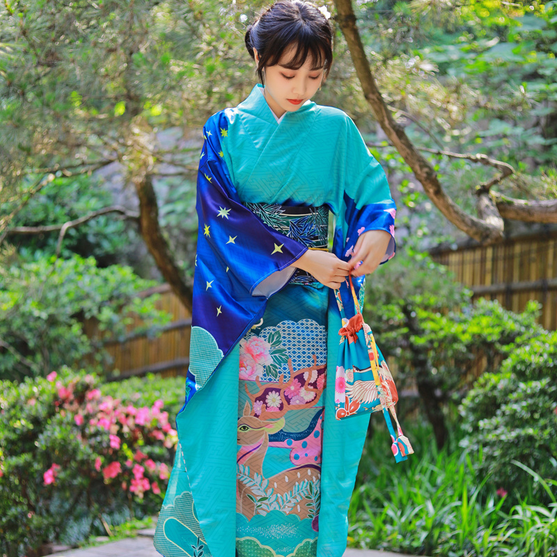 Japanese Ethnic Clothing female elk large vibration sleeve kimono formal dress Tokyo Lady gorgeous Standard kimono Green Blue