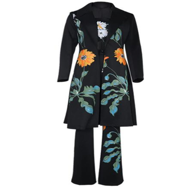 2022 Women's Two Piece Pants Sets Women Long Trench Coat Sets Autumn Winter Fashion Temperament Print Flower Windbreaker Wide Leg Trousers Suit