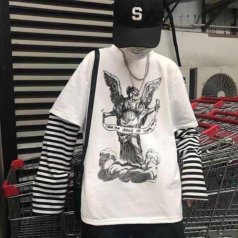 NiceMix Spring Harajuku Tshirt Women Patchworked Print Gothic Long Sleeve T-Shirt Korean Clothes Sudadera Para Mujer 220321