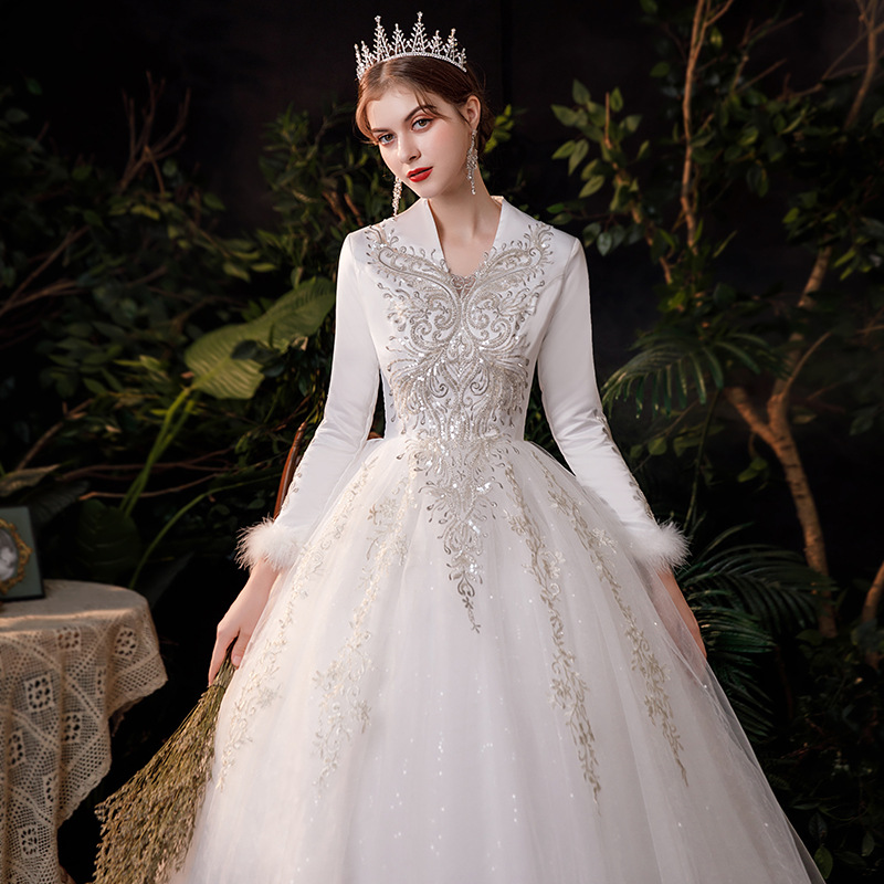 Winter Wedding Dress 2022 Long-Sleeved V Neck White Thickened Warm Starry Sky Dreamy Autumn Bridal Ball Gowns Vestido De Noiva