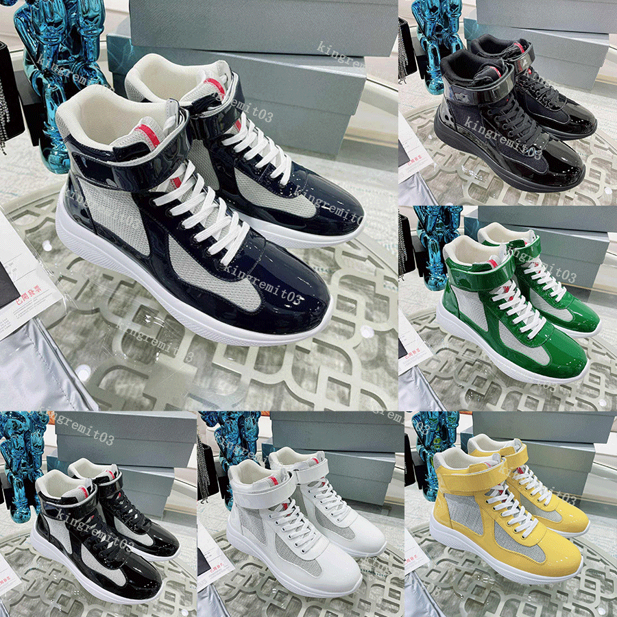 Designer Casual Shoes Mens America Cup Sneakers High Patent Leather Trainers Flat Trainers Black Blue Mesh Lace-up Nylon Sneaker WIth Box