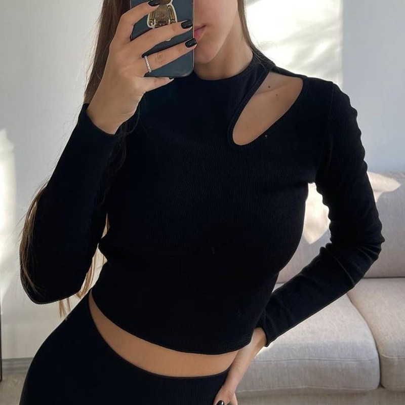 Women Sexy Hollow Out O Neck Solid TShirt Ribbing Pullovers Female Spring Autumn Casual Long Sleeve Slim Short Tops 220816