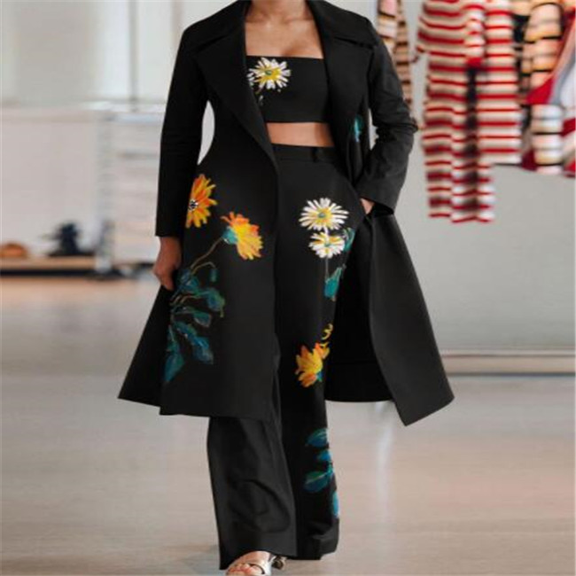 2022 Women's Two Piece Pants Sets Women Long Trench Coat Sets Autumn Winter Fashion Temperament Print Flower Windbreaker Wide Leg Trousers Suit
