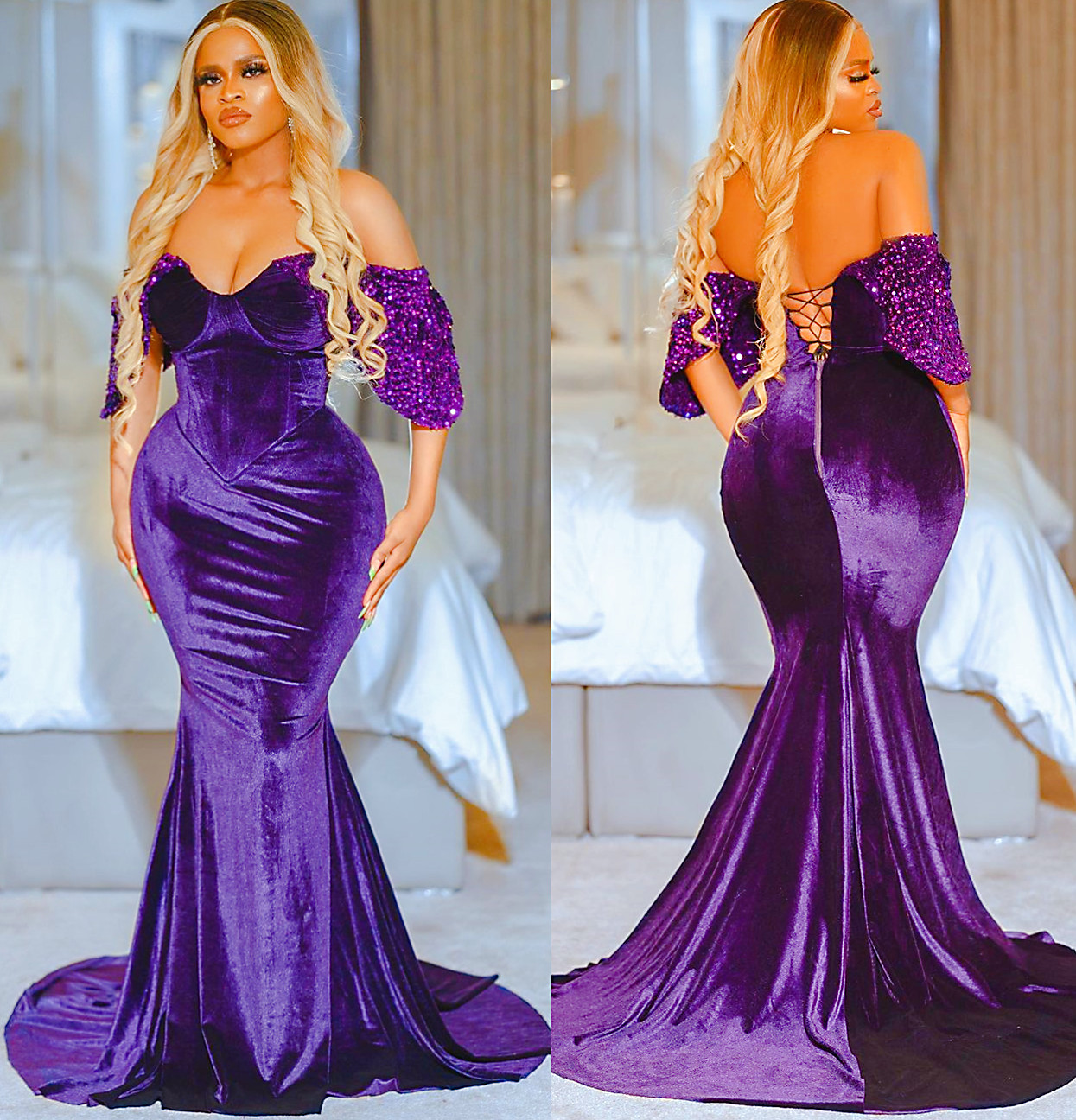 2022 Plus Size Arabic Aso Ebi Purple Mermaid Stylish Prom Dresses Sweetheart Velvet Evening Formal Party Second Reception Birthday Engagement Gowns Dr