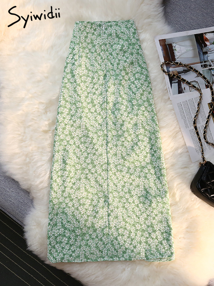 Syiwidii Floral Skirts Womens Y2k Casual Button Folds Empire Side Split High Fashion Sexy Skirt Summer Long Zipper Clothes 220701