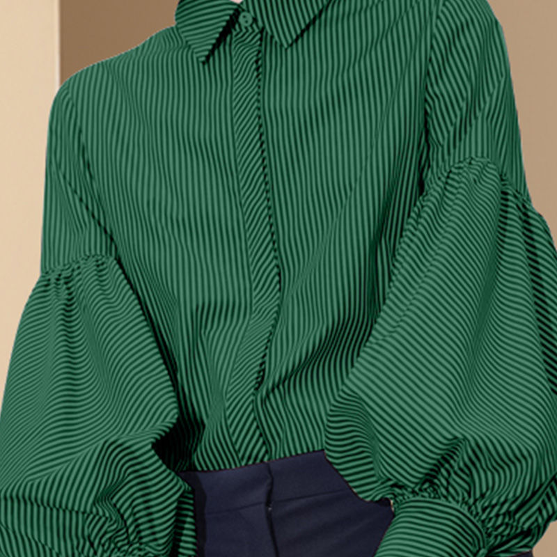 Vintage Blouse Women Spring Freach Elegant Fashion Lantern Sleeve Shirt Lady Lapel Loose Striped Tops Green Button Up Shirt 220407