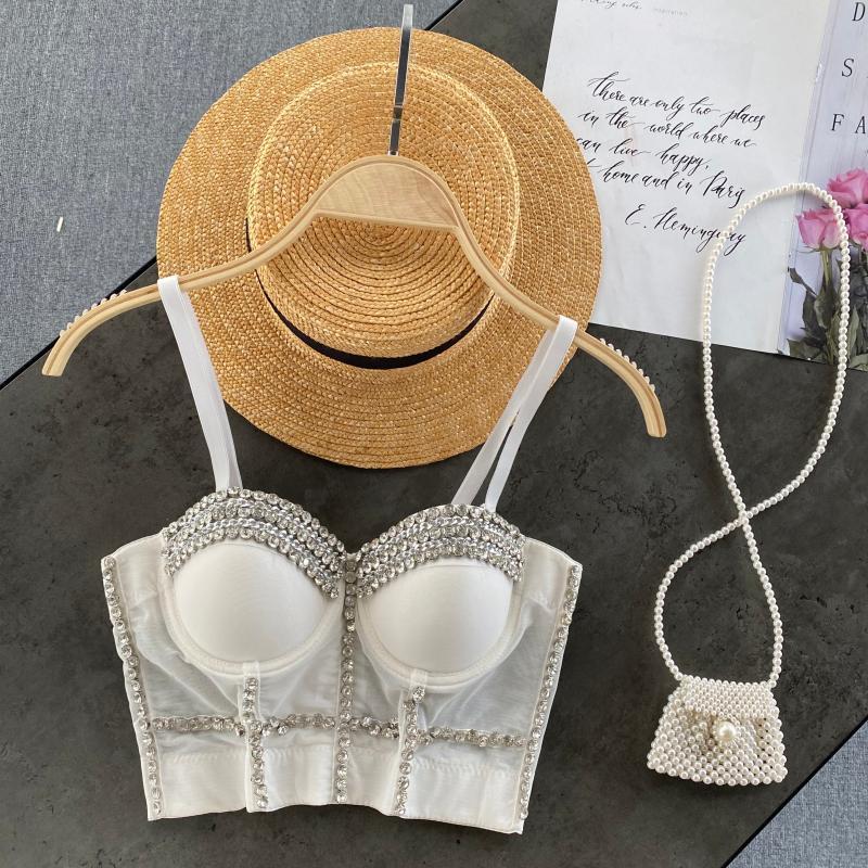 Women Fashion Wear Clothes Sexy Sleeveless Pearls BustierPush Up Night Club Bralette Bra Cropped Top Vest Corset 220316