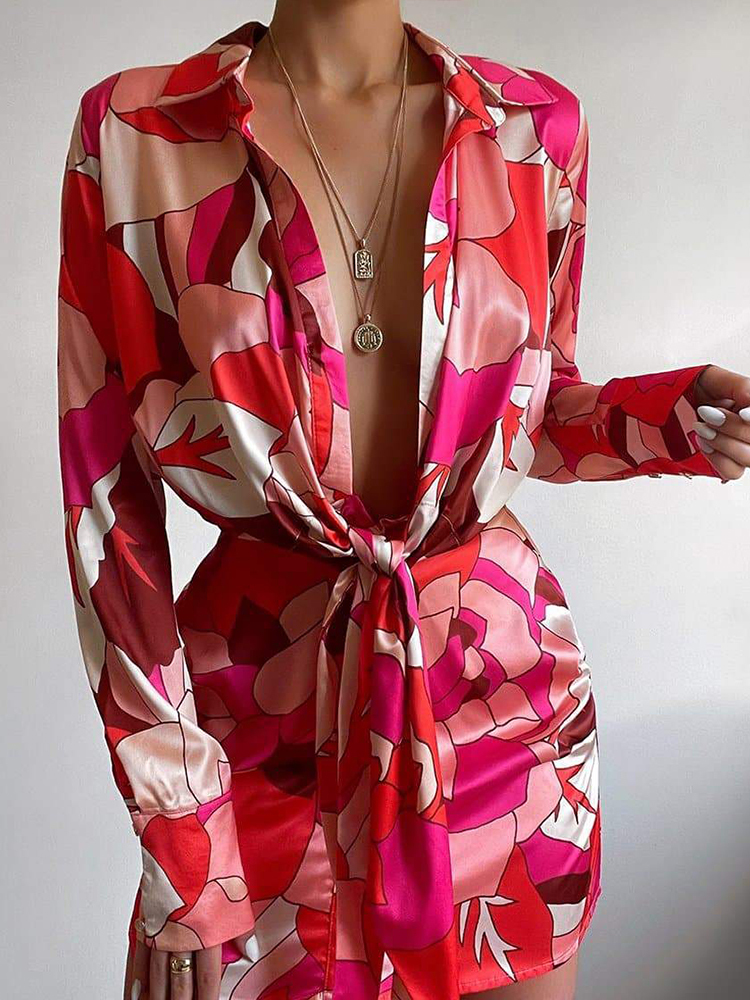 Spring Long-Sleeve Turn Down Neck Printed Lace-Up Office Ladies Shirt Dress Fashion Printed Sexy Slim Mini Dress Summer 220510