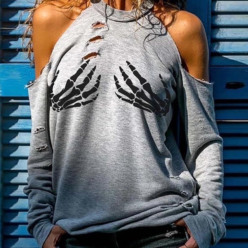 Women Fashion Long Sleeve Casual Tops Female Autumn Fashion Halloween Cold Shoulder Skeleton Print Cutout Top 201202, Gray
Women Fashion Long Sleeve Casual Tops Female Autumn Fashion Halloween Cold Shoulder Skeleton Print Cutout Top 201202, Gray