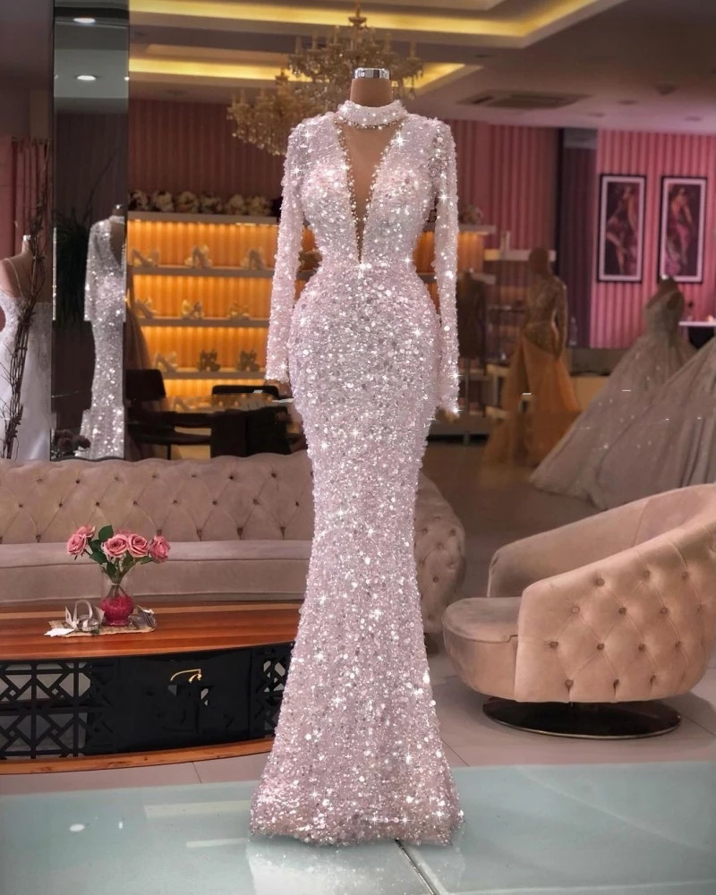 White Sequin Evening Dresses Long Sleeves High Neck Beading Mermaid Dinner Dress For Women Prom Party Wear Robe Femme Soiree 322 6660311