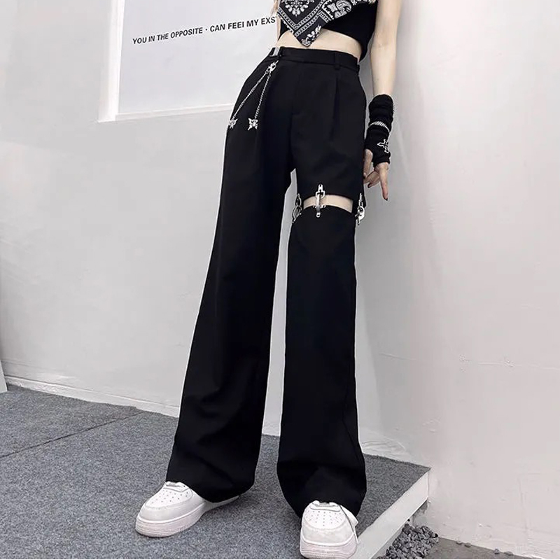 Fashion High Waist Wide Leg Pants Street Harajuku Black Trouser Plus Size Casual Loose Pant (with Belt and Chain) 220325