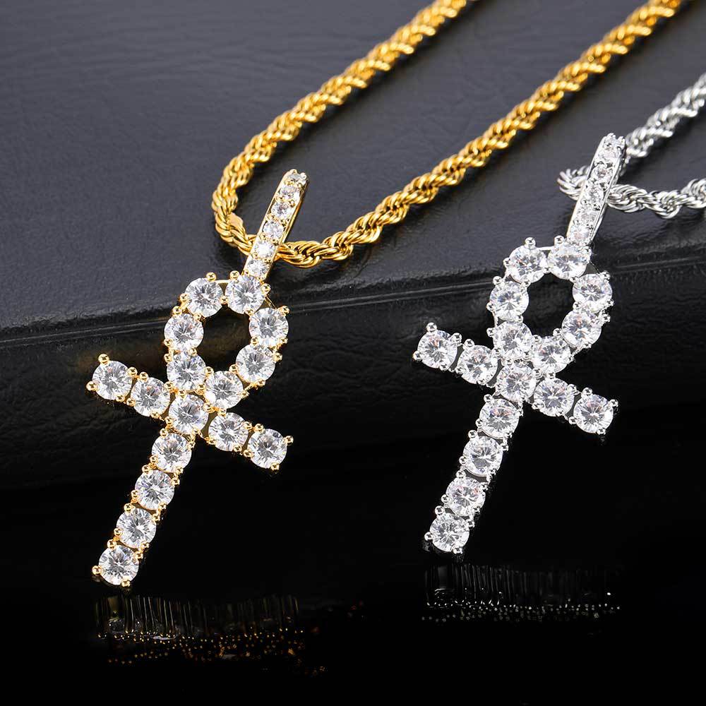 Hip Hop Cross Key Pendant Necklace Jewelry Bling Diamond Stone 18k Real Gold Plated Jewelry