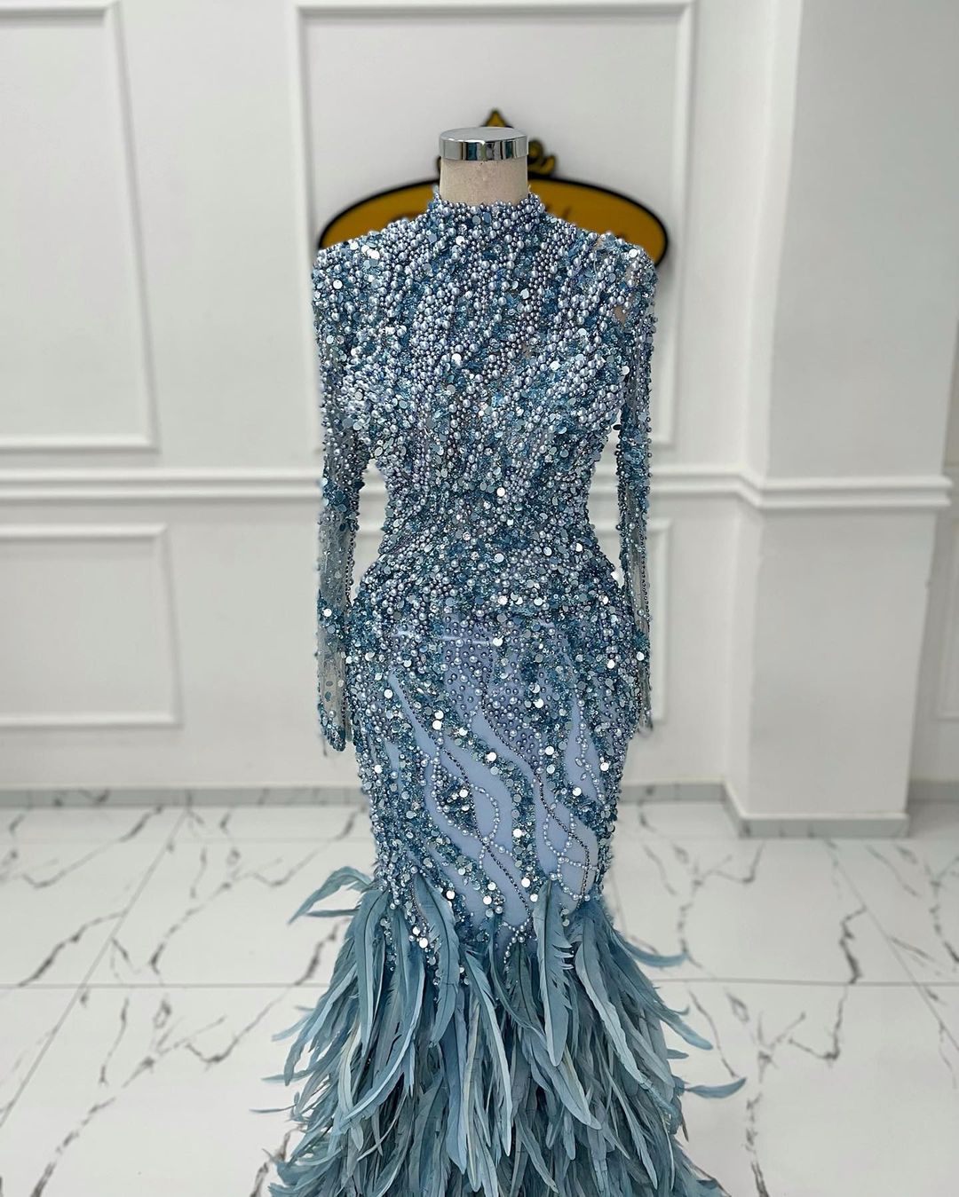plus size arabic aso ebi luxurious mermaid feather prom dresses pearls beaded evening formal party second reception birthday engagement gowns dress zj