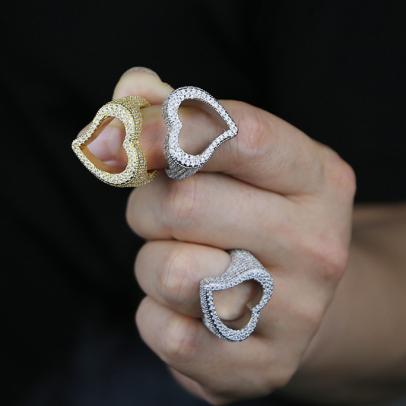 Full Micro Paved Iced Out Bg Cubic Zirconia Heart Ring Hip Hop Lover Rings Punk Jewelry for Men and Women Gold Plated Brass 2024