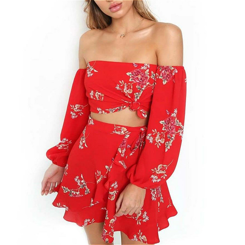 Two Piece Set Women Summer Autumn Floral Bohemian Off Shoulder Puff Sleeve Crop Tops Ruffle Mini Skirts 2Pcs Set Female 220602