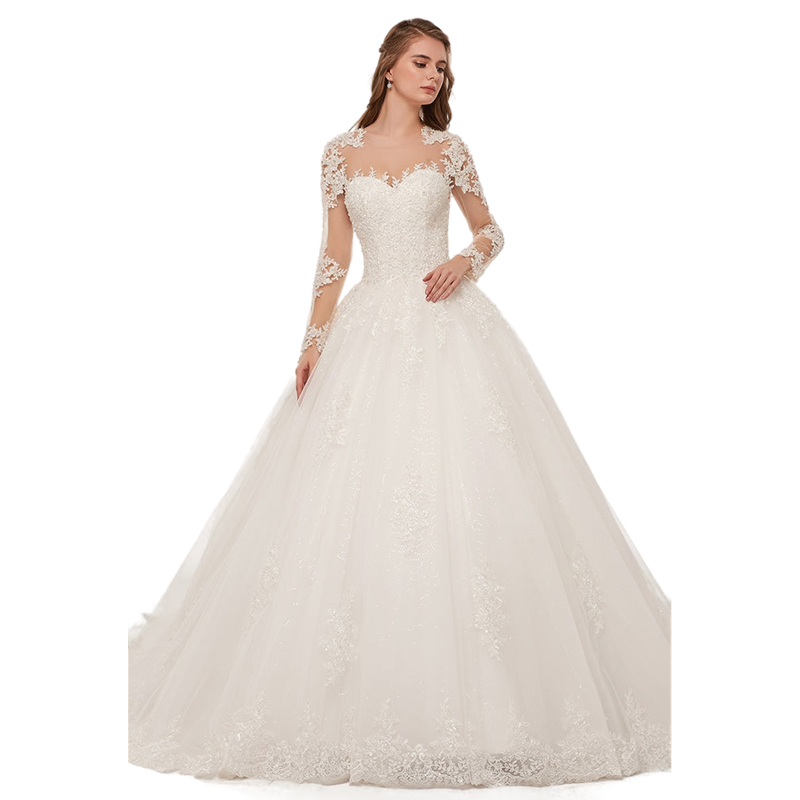 Elegant Long Sleeve Lace A Line Wedding Dress For Bride Sheer Jewel Neck Church Wedding Gowns Court Train Ivort Tulle Country Bridal Dresses 2022 Vest