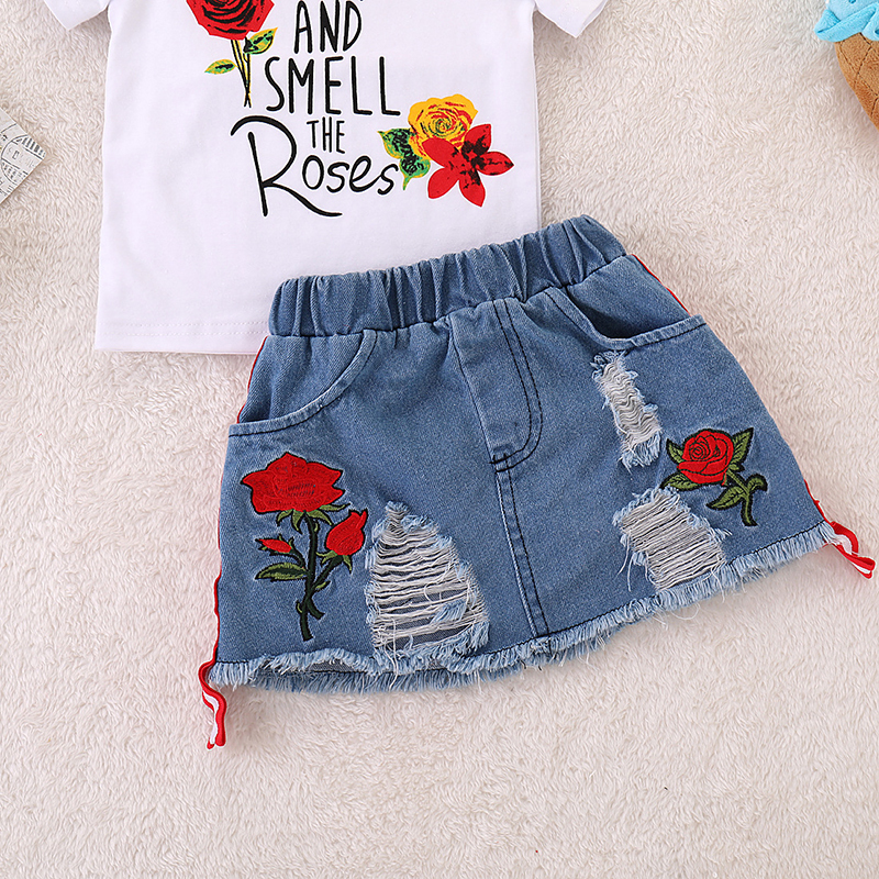 Kids Set Children's Clothes Suit Summer Flower Print Set Top+Denim Skirt 2Pcs Toddler Children Outfits Clothing Sets 220425