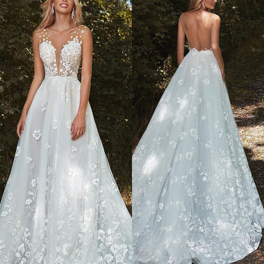 Sexy A-e Dresses Deep V Neck Hidden Straps Sleeveless Chiffon Lace Ruffles Appliques Backless Sequins or Length Bohemian Wedding Gowns
