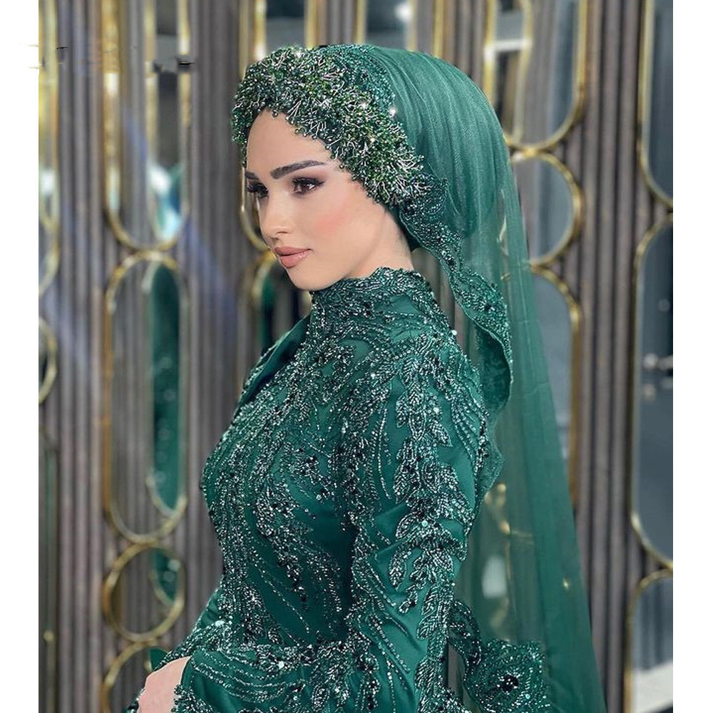Muslim Green Evening Dresses Ball Beaded Crystal Formal Prom Party Gowns For Dubai Women Custom Made Robe De Soiree 6660306
