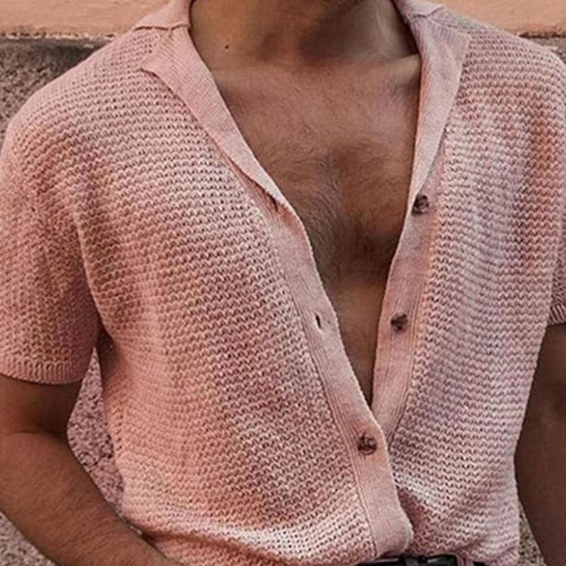Men T shirt Solid Color Knitted Summer Top For Men Streetwear Casual Shirts Lapel Buttons Cardigan for Dating 220616