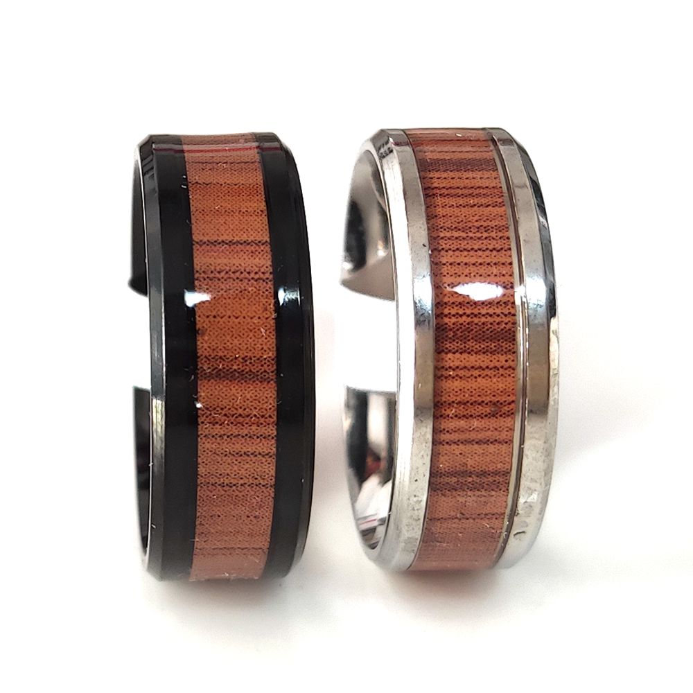 Bulk lots 50pcs Unique Silver Black Ring 8mm Comfort-fit Wood Grain Inlay Stainless Steel Ring