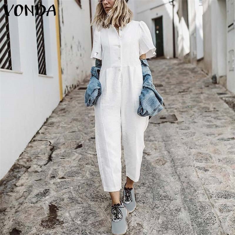 2019 VONDA Women Jumpsuit Summer Romper Sexy Short Sleeve Button Straight Playsuit Casual Cotton Playsuit OL Overalls Plus Size T200303