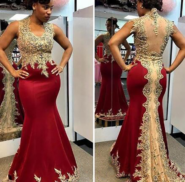 Burgundy and Gold Beaded Mermaid Evening Dresses Cap Sleeve Appliques Sweep Train Formal Prom Party Gowns BC5942