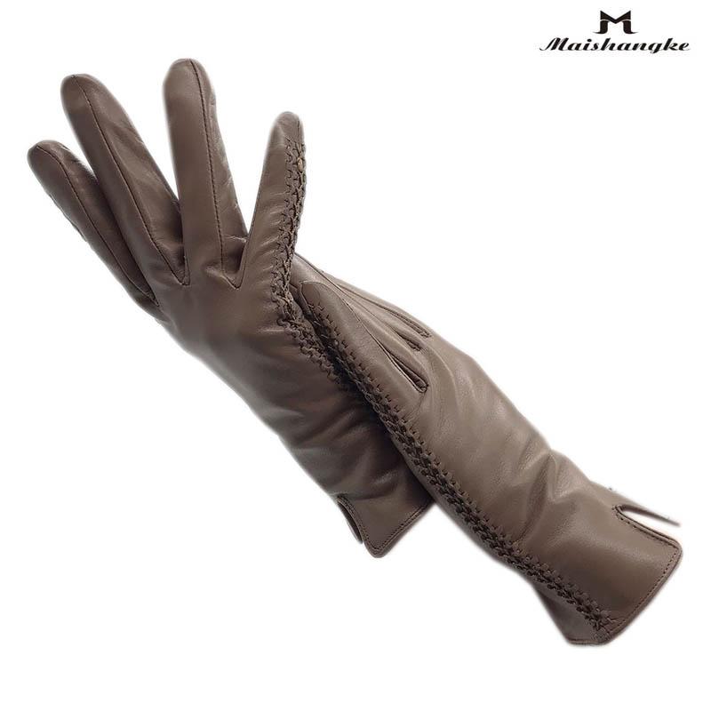 

Five Fingers Gloves Winter Ladies Wrist Fashion Sheepskin Khaki Warmth Genuine Leather Driving Points Cold-proof Dark Beige Leathe