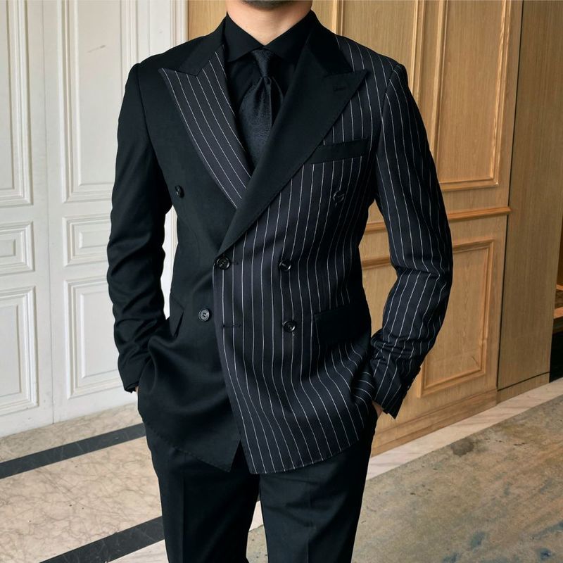 Double Breasted Black Striped Mens Suits For Wedding Custom Made Groom Dress Tuxedos For Man Costume Homme Man Blazer Pants 220817