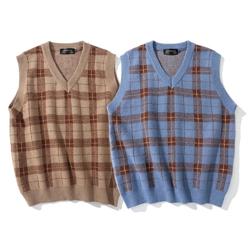 Vintage Plaid Knitted Sweater Men 95% Cotton V Neck Sleeveless Sweaters Japan And Korean Clothes Brown Knit Vest Jumpers L 201125
