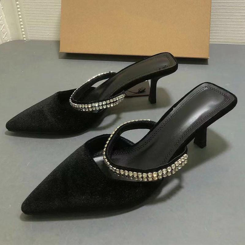 Slippers Women Black Shiny Velvet High Heels Ladies Pointed Shallow Mouth Shoes Female Rhinestone Word With Stiletto Sandals 2022, Black1
Slippers Women Black Shiny Velvet High Heels Ladies Pointed Shallow Mouth Shoes Female Rhinestone Word With Stiletto Sandals 2022, Black1