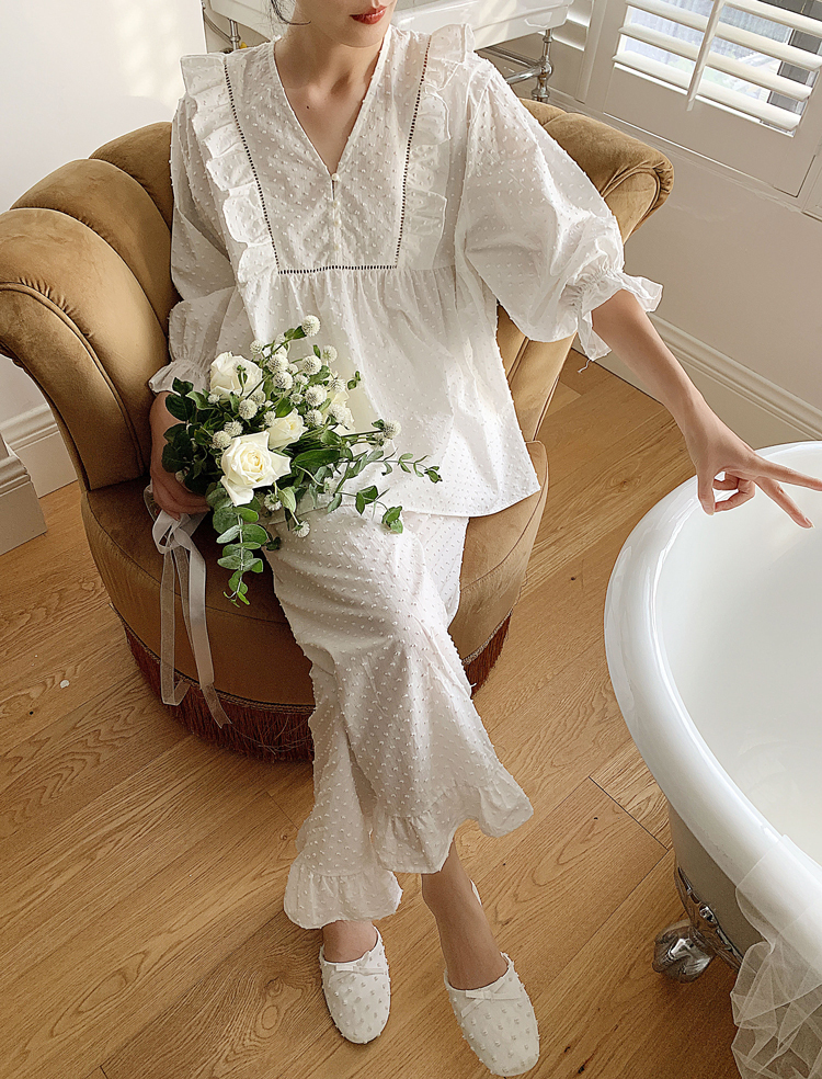 Women's Lolita Dots Pajama Sets.Stringy selvedge Tops+Long Pants.Vintage Ladies Dot Pyjamas Set.Victorian Sleepwear Loungewear 220329