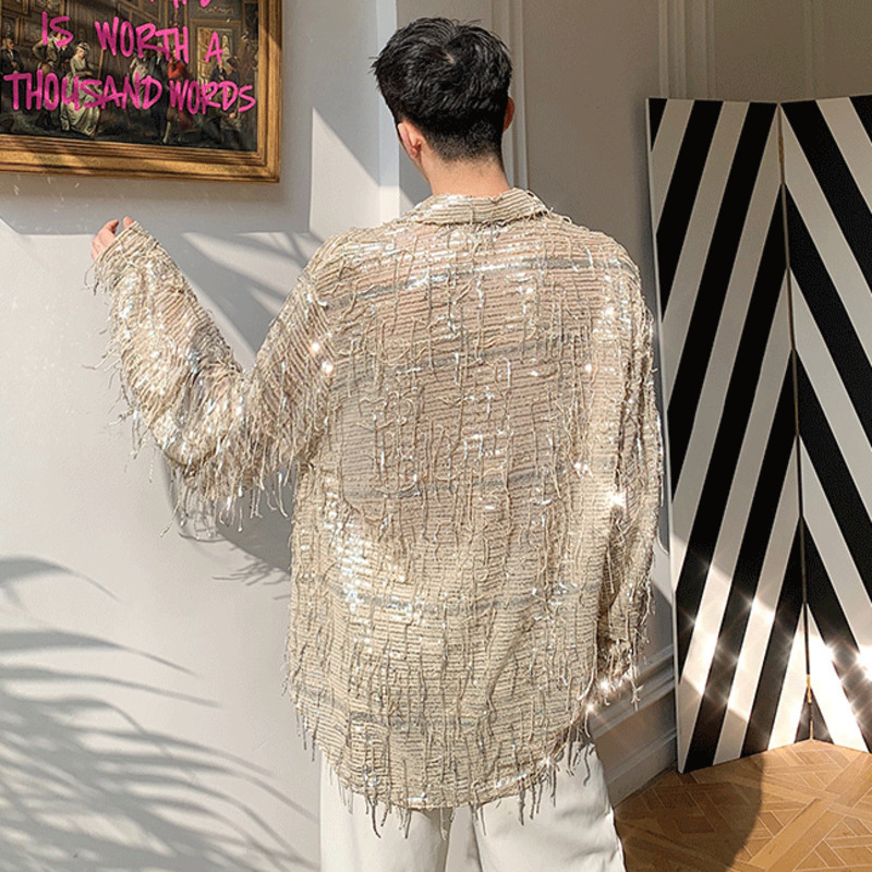 IEFB Spring Autumn Product Irregular Sequin Tassel Shirt Niche Streetwear Fashion Long Sleeve Shirts Men's Tops 9Y7232 220330