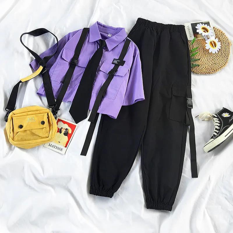 Autumn Streetwear Pants High-Waist Straight Ribbon Cargo Student Loose Short-Sleeved Shirt with Tie two-piece Set 220325